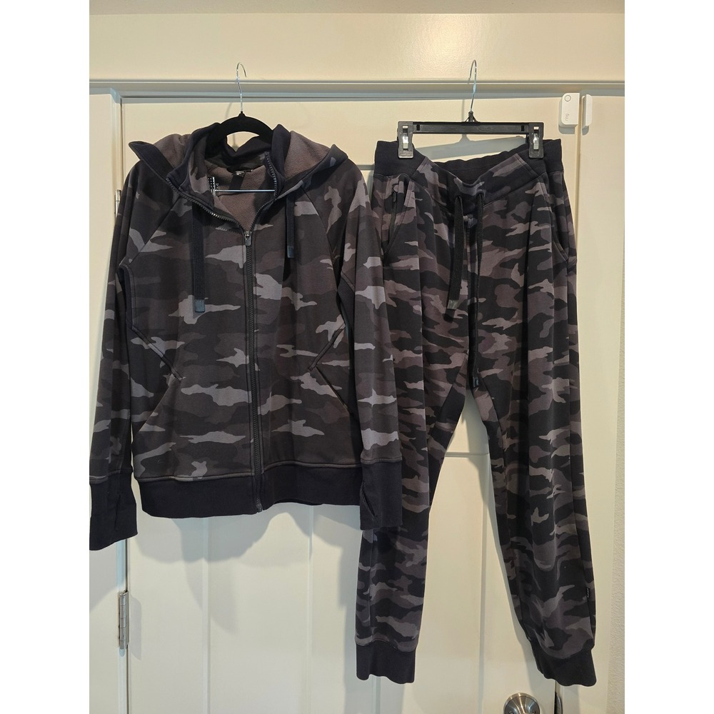 Athleta Camo Full Zip Hoodie and Jogger Set Charcoal Gray Black sz s/m